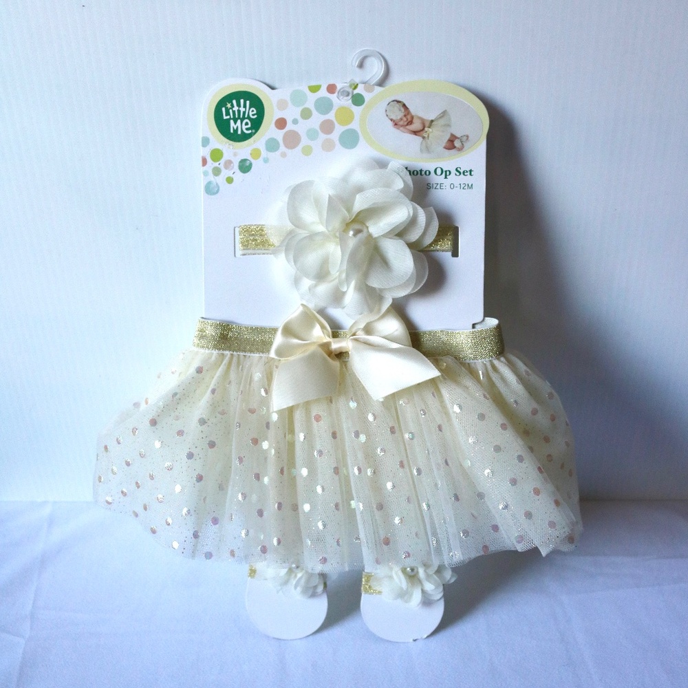 3 Piece Tutu Set Baby Newborn Photography Cream Gold Polka Dot Tulle Size 0-12
